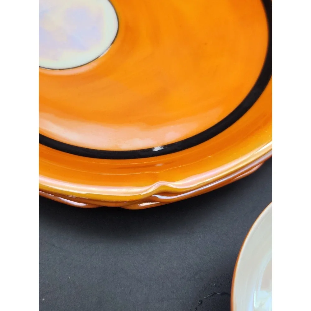 Rudolph Wachter RW Germany Orange Iridescent‎ 5 Porcelain Tea Cups Saucer Plates